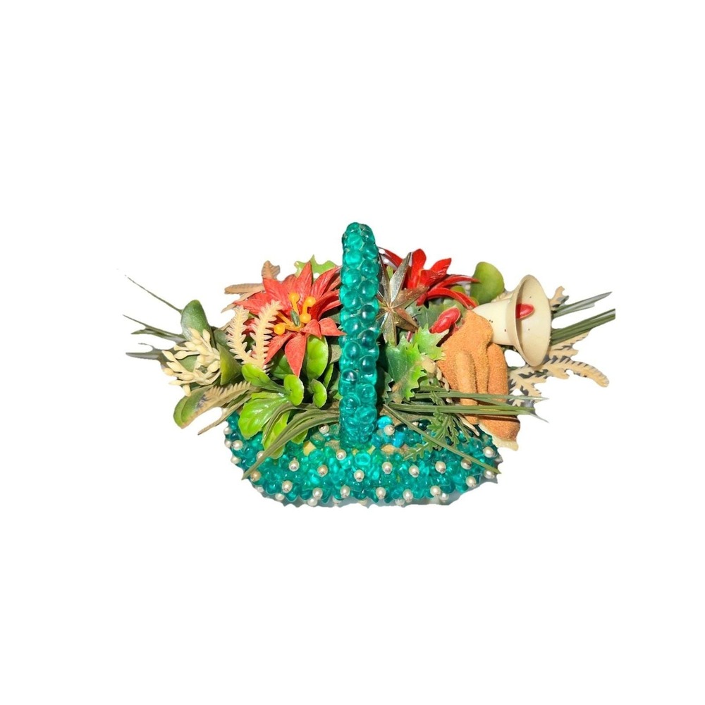 Vintage 60s Handmade Beaded Pin Basket Kitsch Floral‎ Christmas Decor MCM